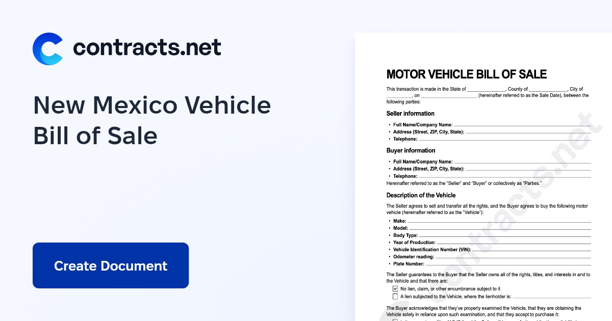 Download New Mexico Vehicle Bill of Sale Templates [PDF]