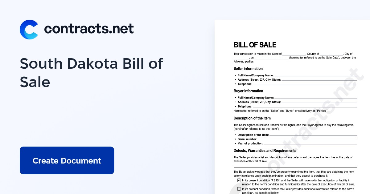 Download South Dakota Bill of Sale Templates [PDF]